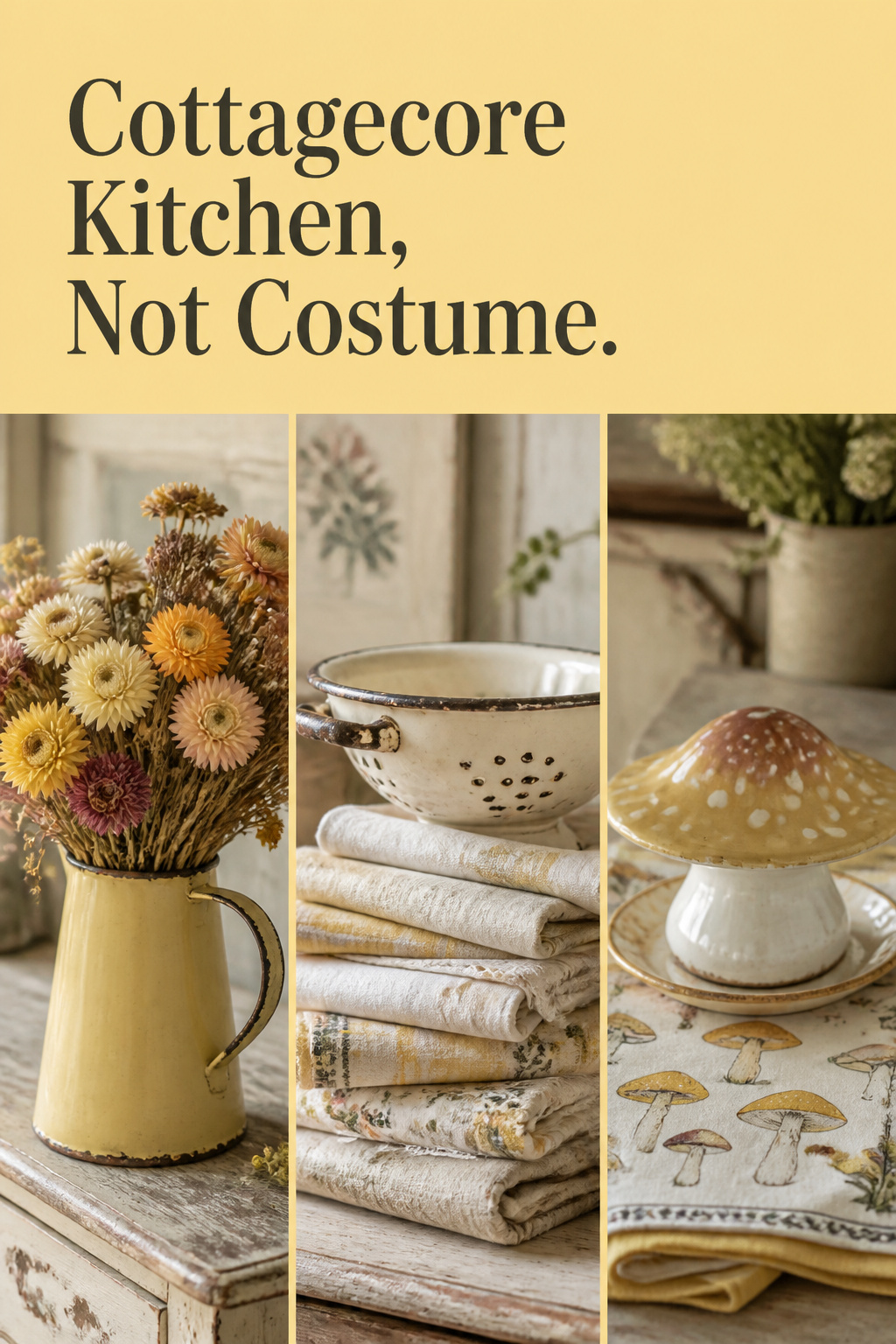 Pinterest pin collage of cottagecore kitchen decor: dried flowers in an enamel jug, vintage linens and enamelware, and a mushroom ceramic accent on a butter-yellow band