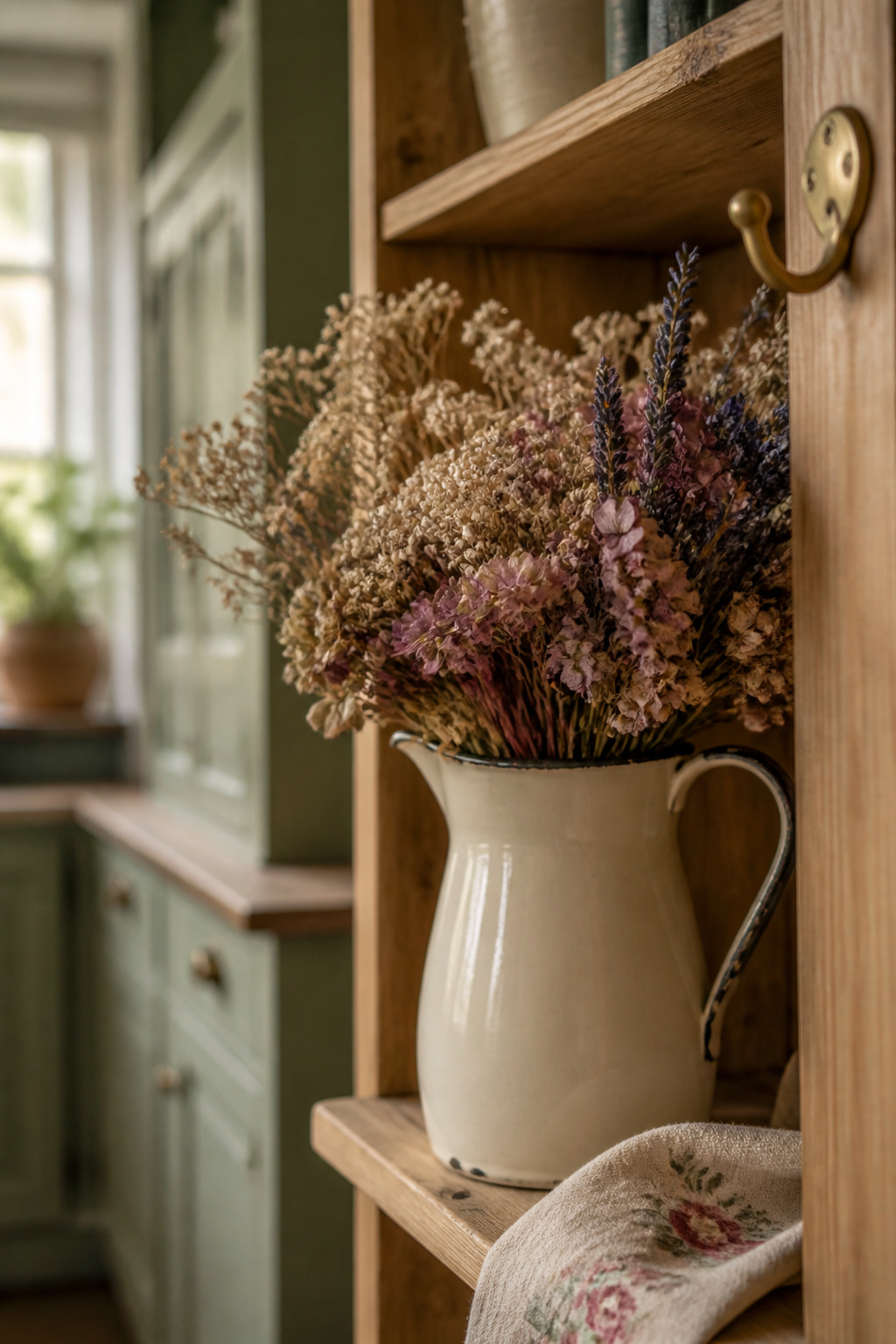 Dried flowers in a chipped cream enamelware jug on an open pine shelf in front of sage-green cabinetry