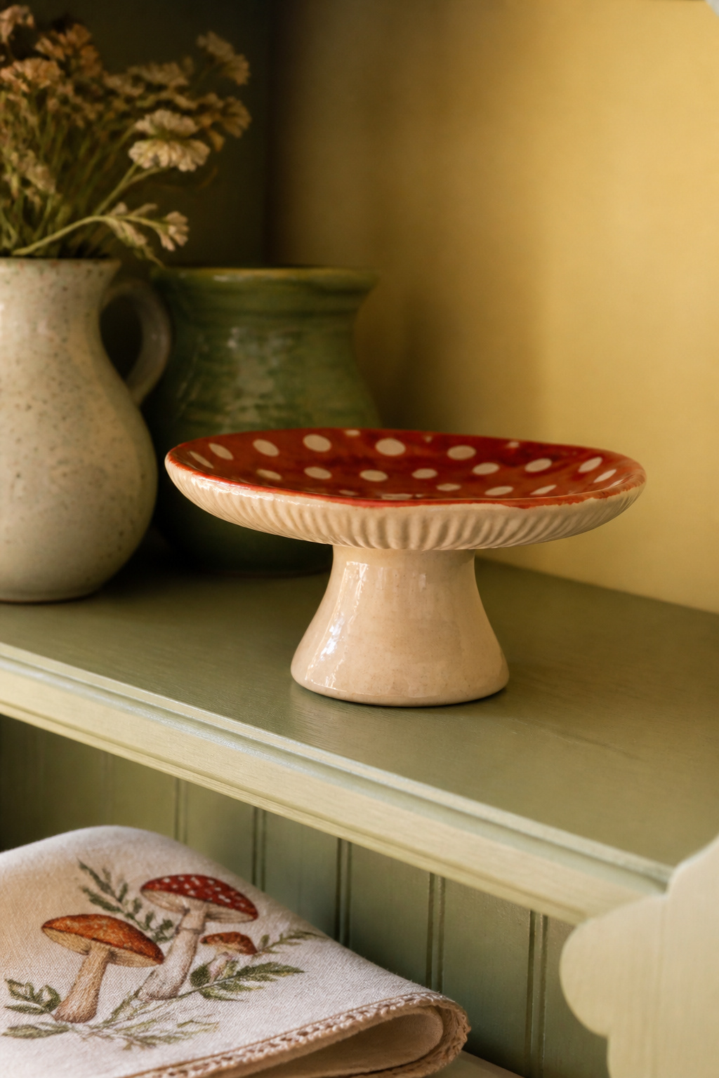 Small ceramic toadstool trinket dish and mushroom-print linen napkin styled on an open sage-green beadboard shelf