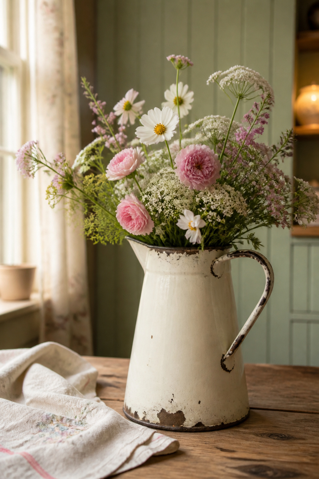 Chipped cream enamelware jug of garden flowers on a pine windowsill beside a folded vintage linen tea towel, cottagecore kitchen decor