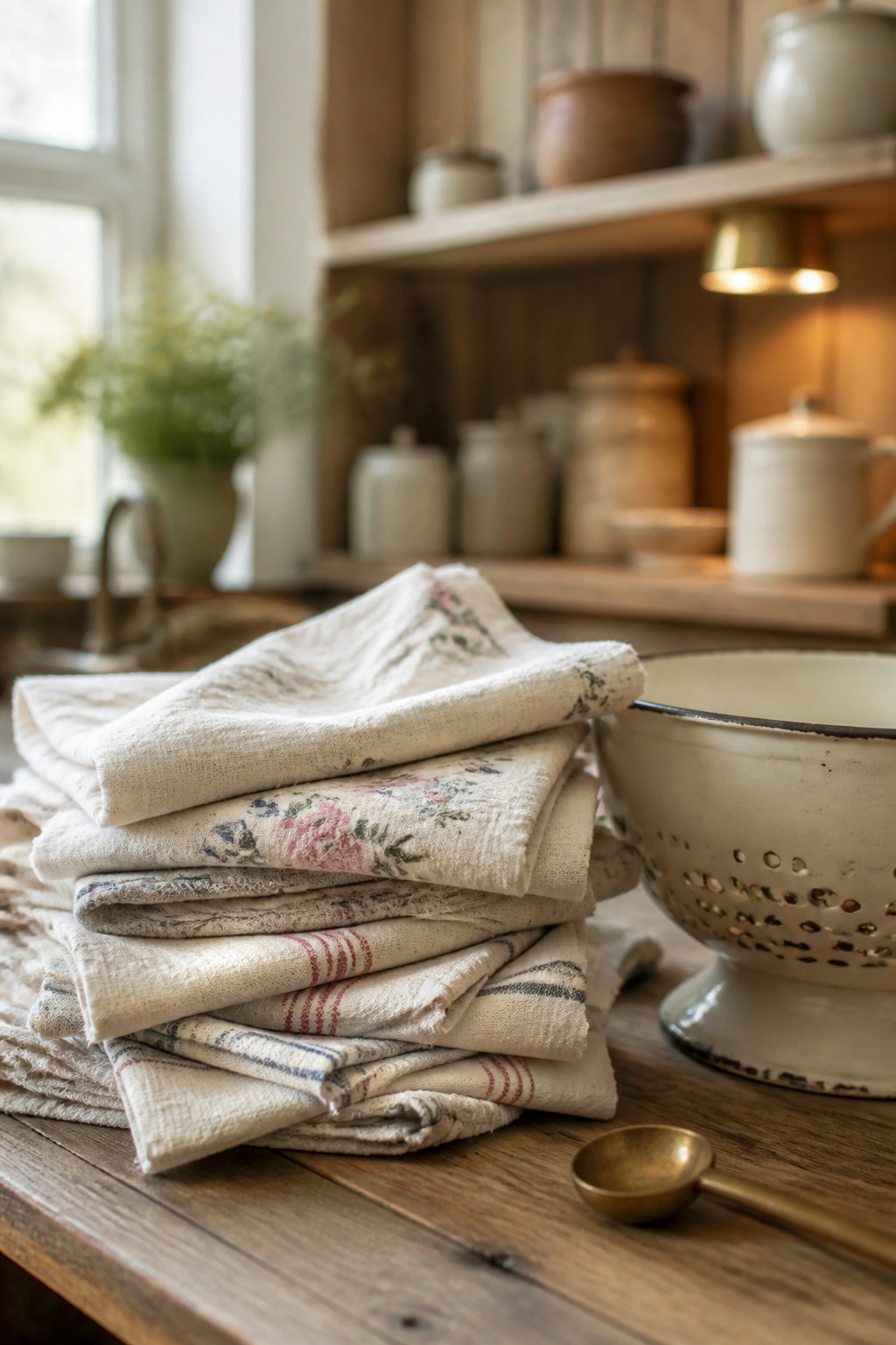 Stack of mismatched vintage linen tea towels beside a chipped cream enamelware colander on a reclaimed pine kitchen counter