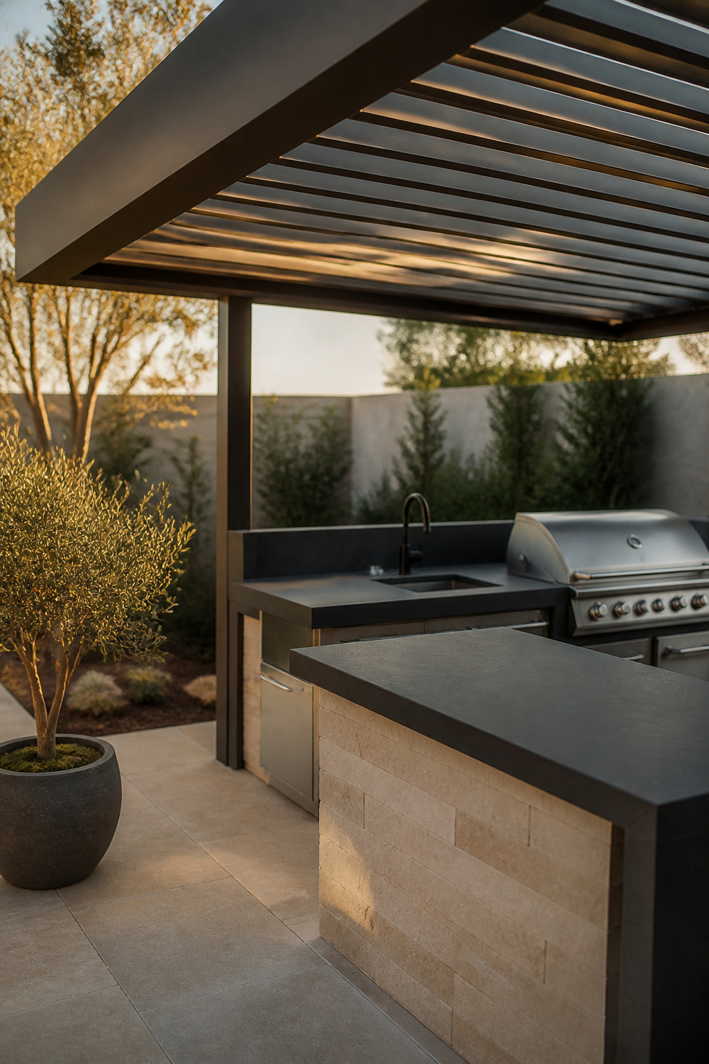 Aluminum louvered roof over a modern outdoor kitchen with charcoal and pale stone finishes