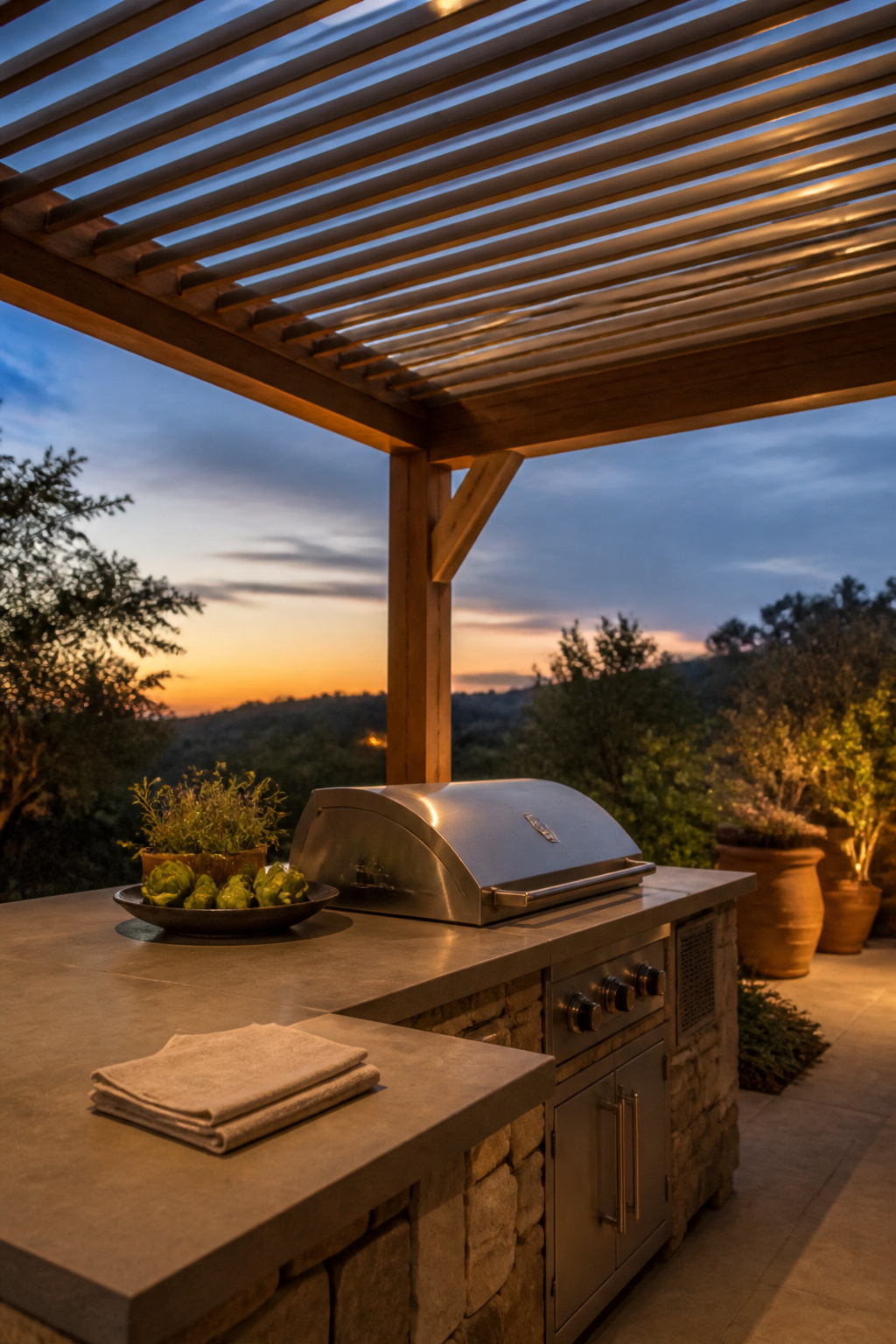Louvered pergola roof shading a stone and stainless steel outdoor kitchen island at golden hour