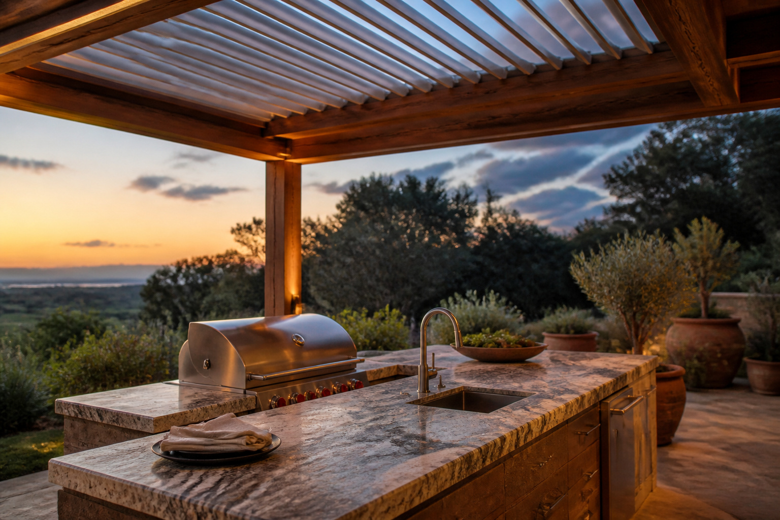 Louvered pergola roof shading a stone and stainless steel outdoor kitchen island at golden hour