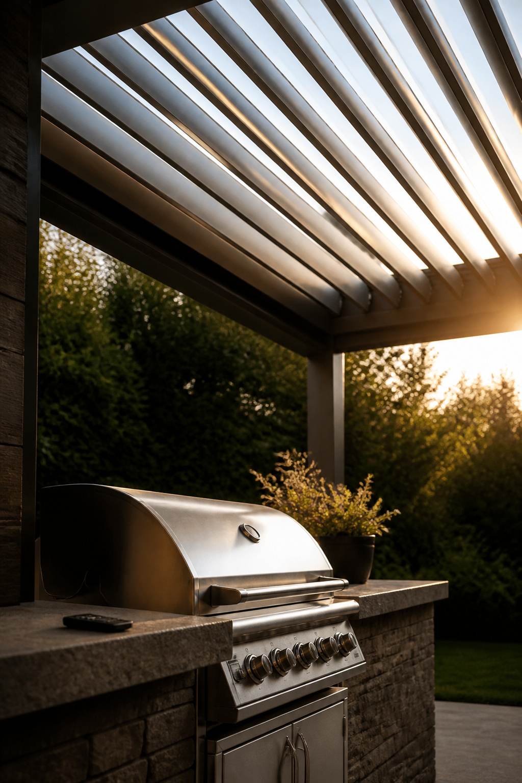 Aluminum louvered roof partially open above an outdoor kitchen counter, allowing light and airflow through