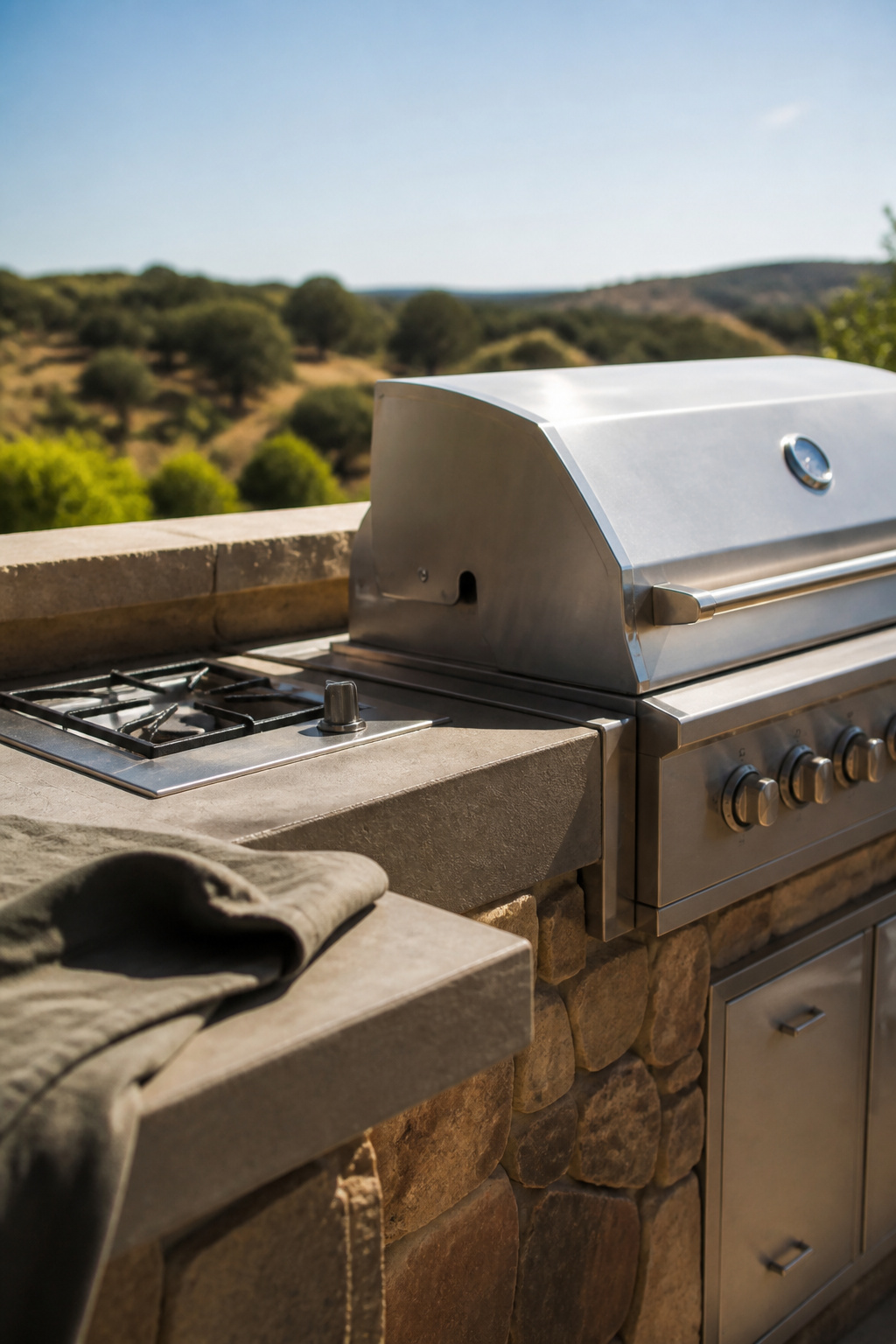 Uncovered outdoor kitchen grill and counter exposed to open sky before a cover is added