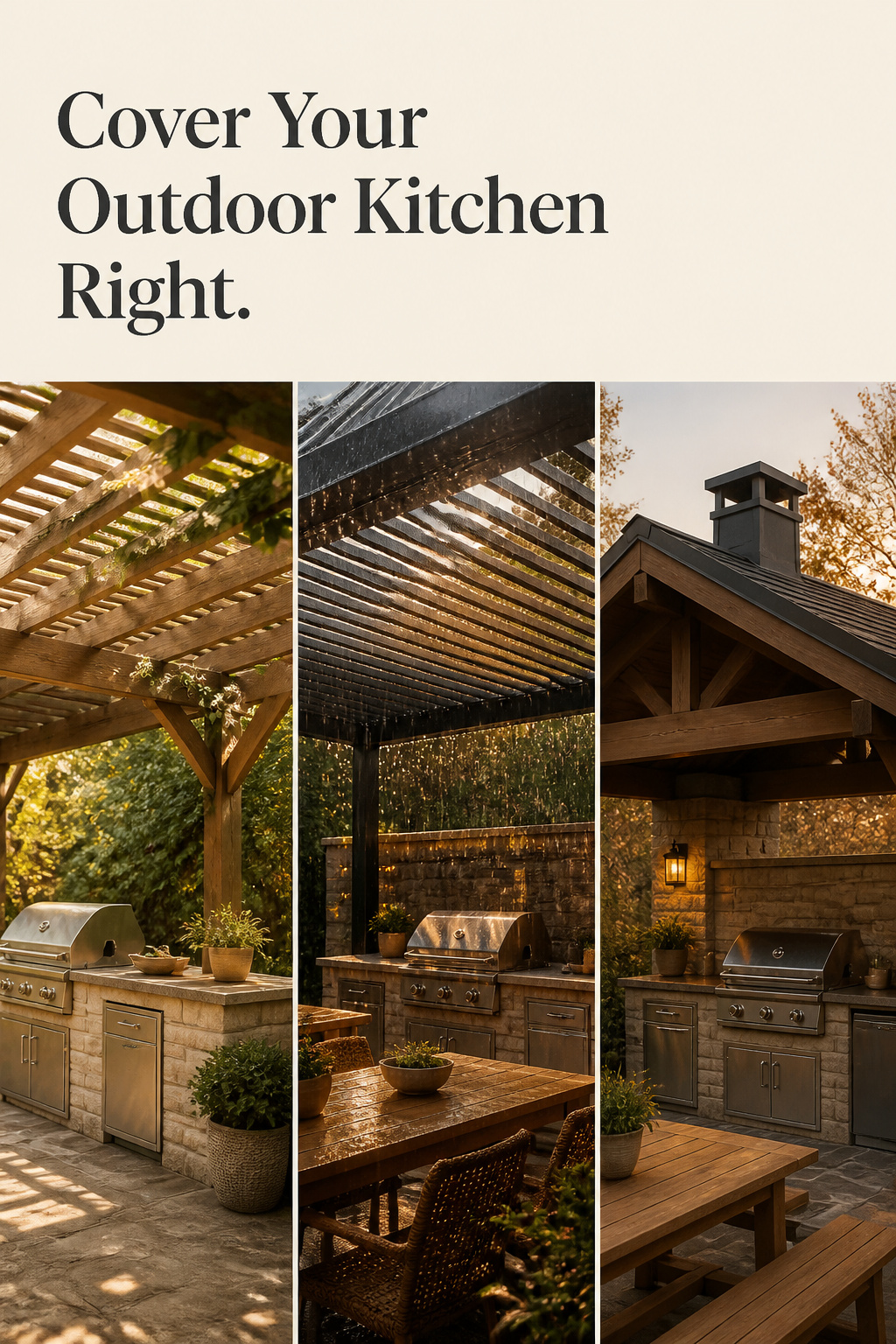 Pinterest collage comparing pergola, louvered roof and solid roof covers for an outdoor kitchen