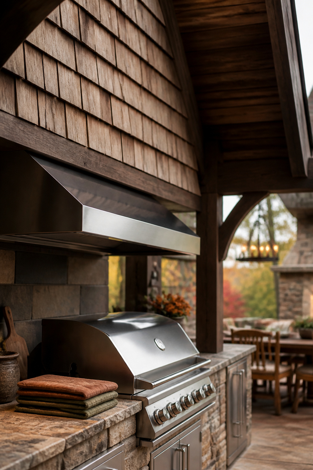 Solid gable roof over an outdoor kitchen with a stainless steel vent hood positioned above the grill