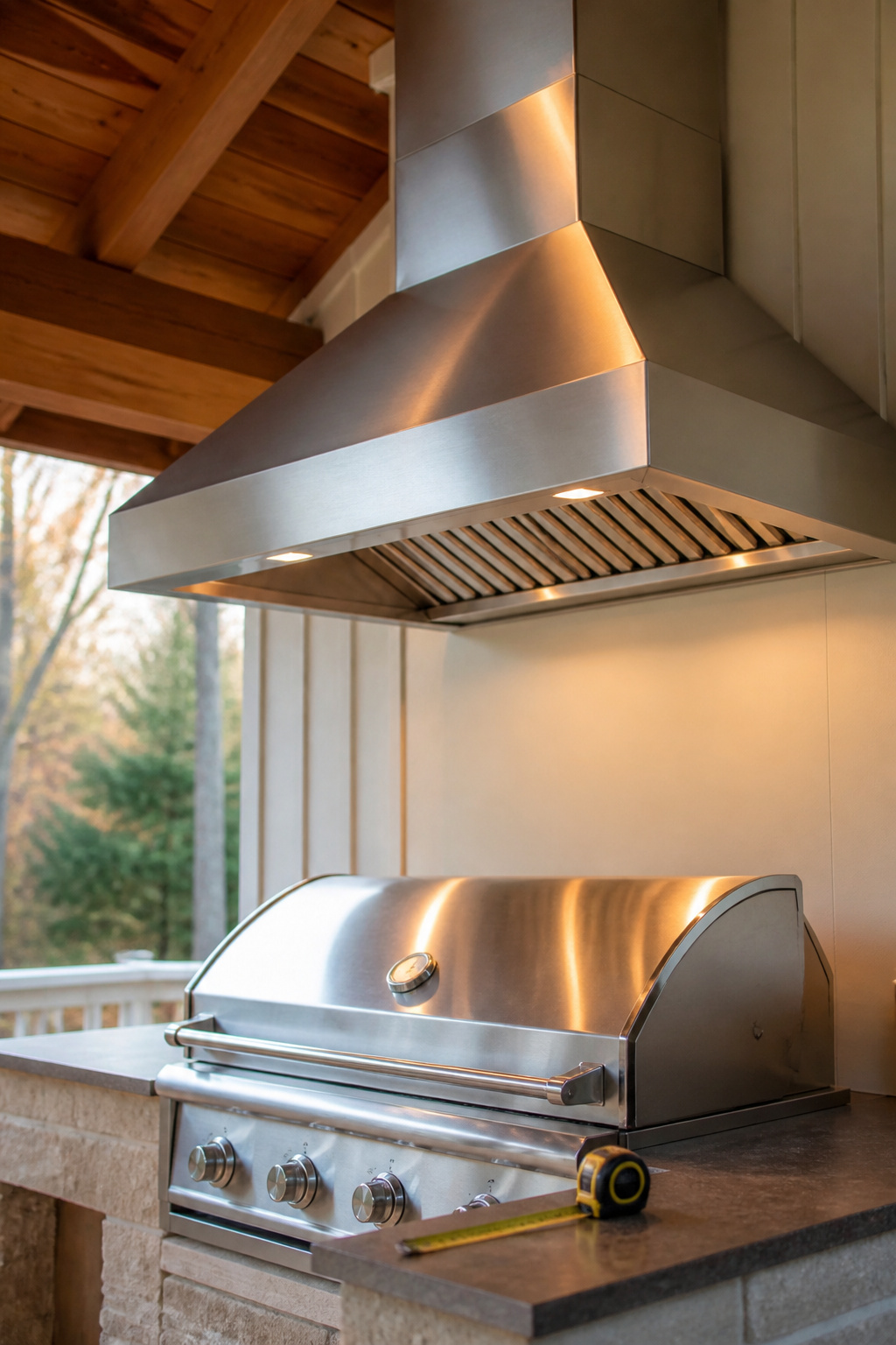 Stainless steel vent hood mounted at proper clearance height above a built-in outdoor grill