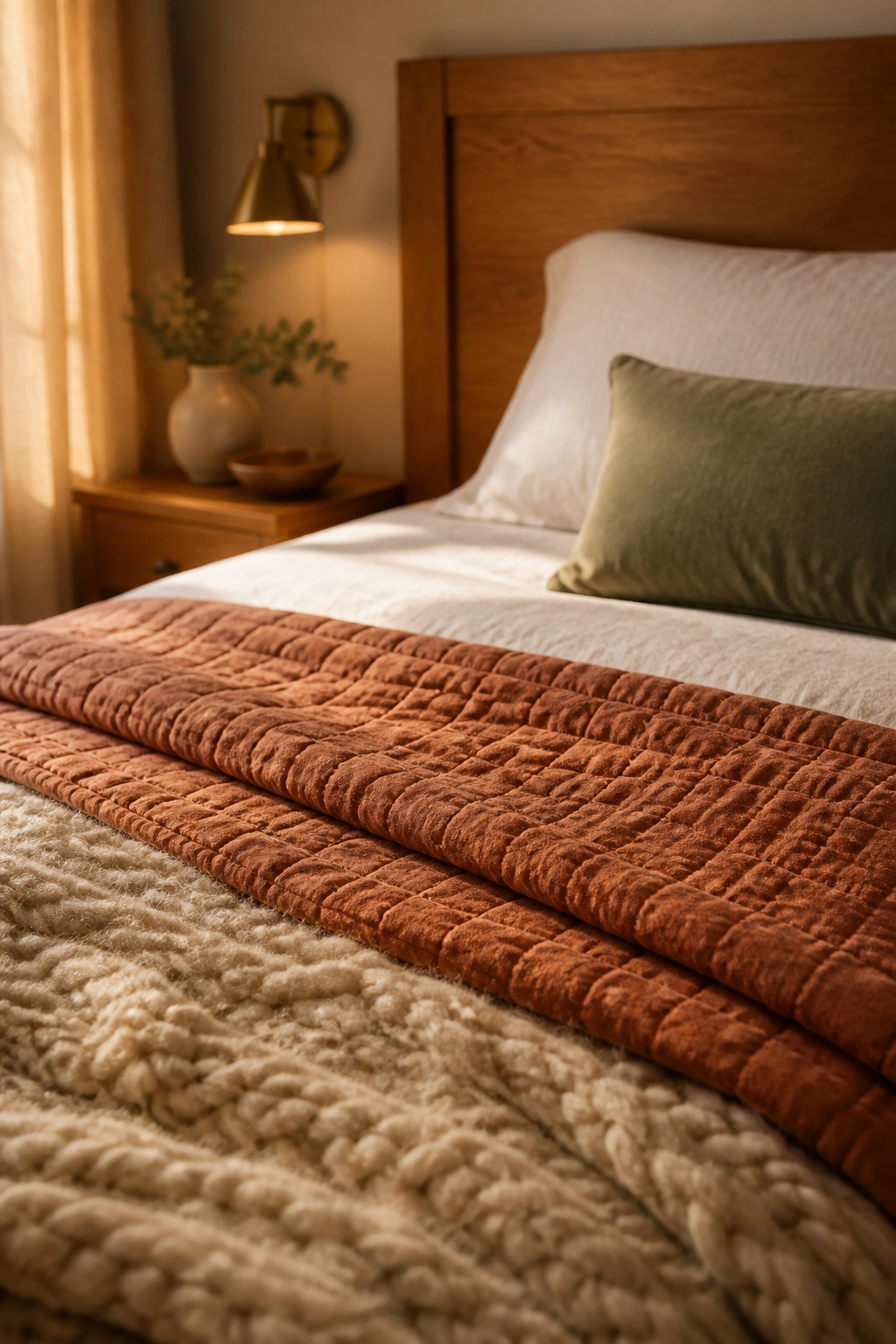 Bed layered with linen sheets, a folded terracotta coverlet, wool throw and sage velvet pillow against an oak headboard