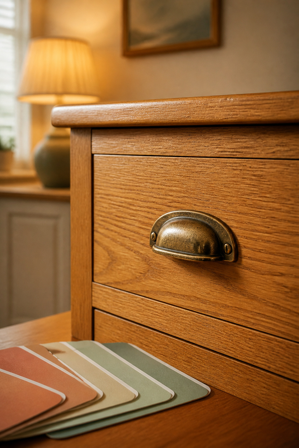 Close-up of a new aged brass drawer pull on a honey oak dresser with paint sample swatches nearby