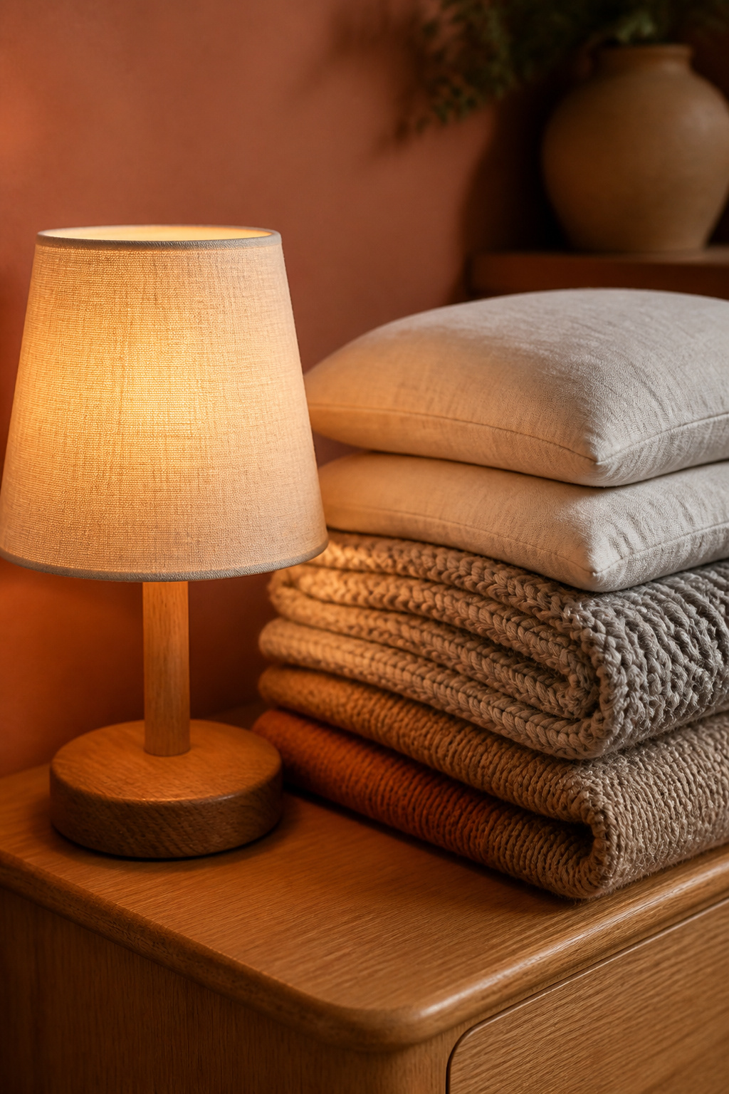 Small budget bedside lamp glowing beside a stack of folded wool throws and linen pillow covers