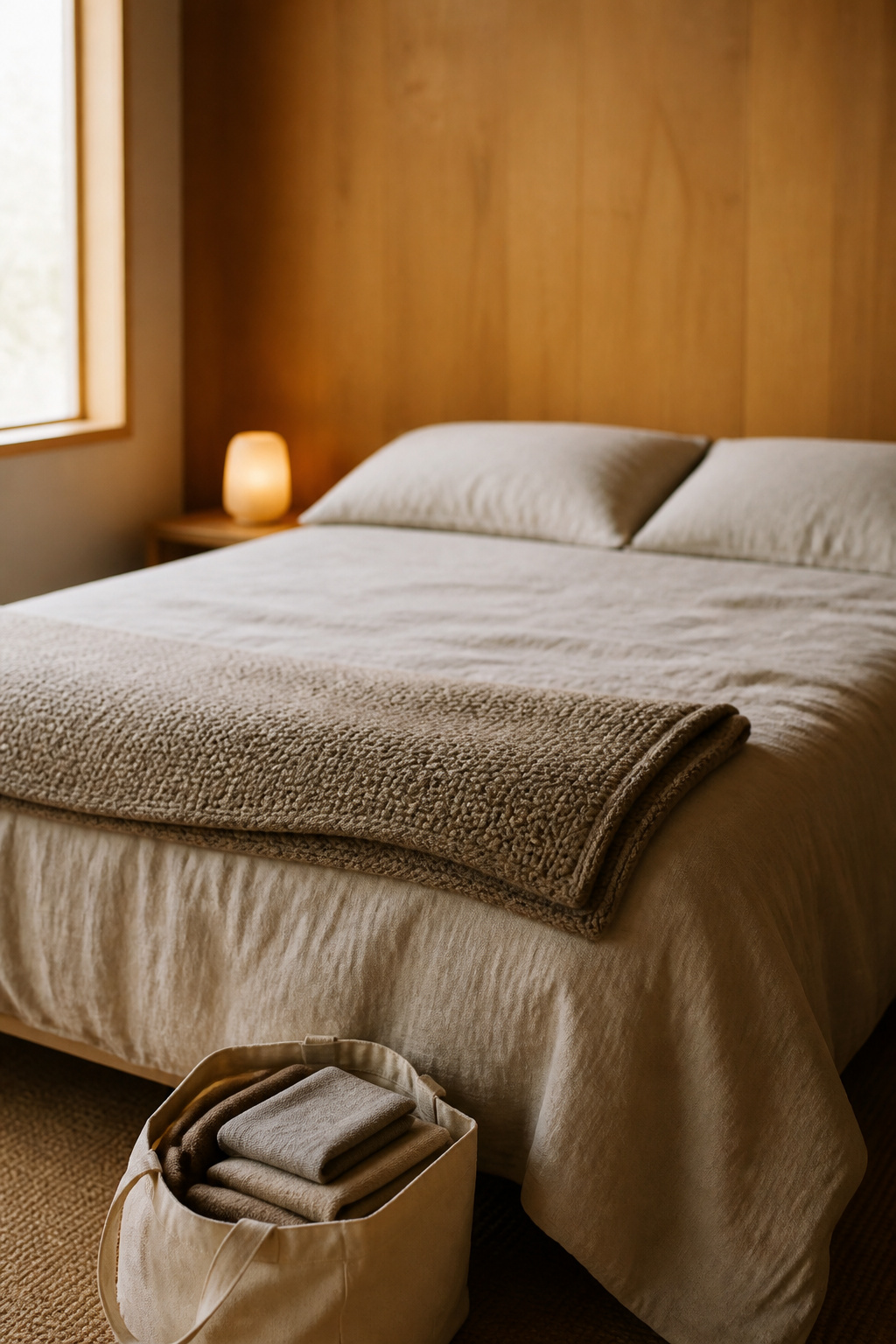 Simply made bed with oatmeal linen and a folded wool throw next to a tote bag of secondhand linens