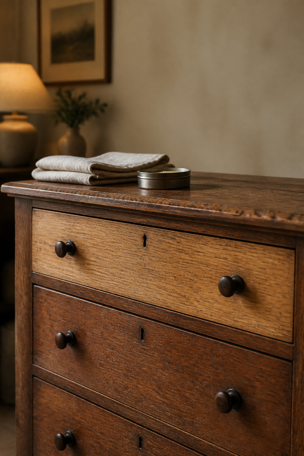 Secondhand solid oak dresser being cleaned and waxed as part of a budget bedroom refresh