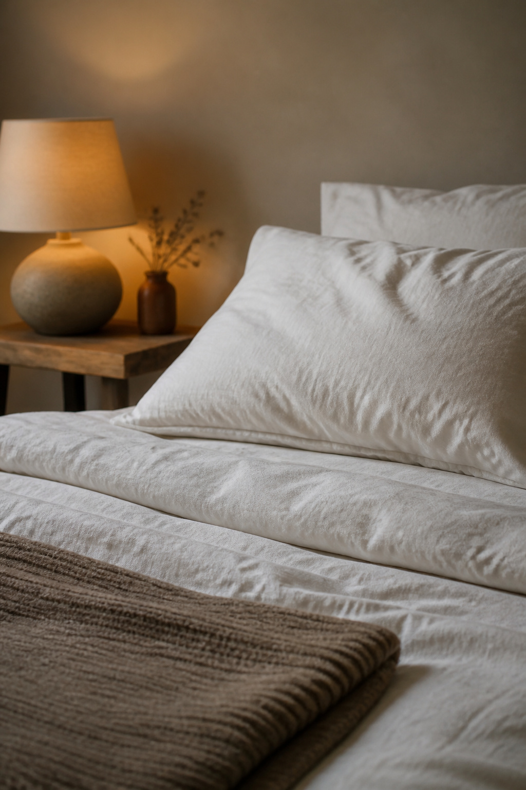 Plush bed with quality linen sheets and a full down pillow next to a plain repurposed side table