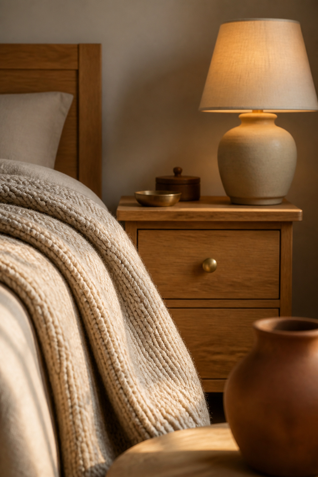 Secondhand honey oak nightstand styled with a warm ceramic lamp, terracotta vase and wool throw on a bed corner