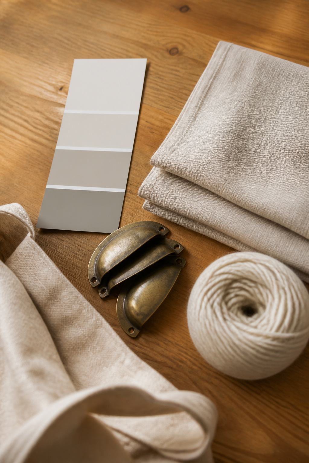 Flatlay of budget bedroom makeover materials including a paint swatch, brass pulls, folded linen, and wool yarn