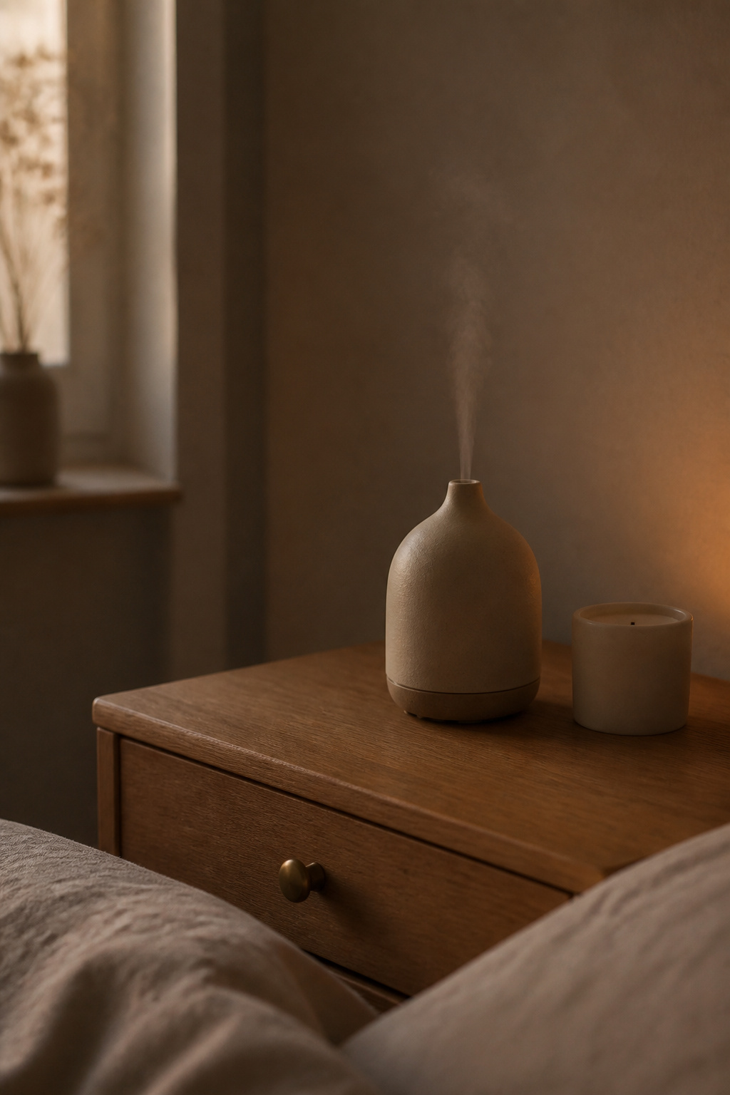 Decluttered honey oak nightstand with a ceramic diffuser and unlit candle in dim dusk light