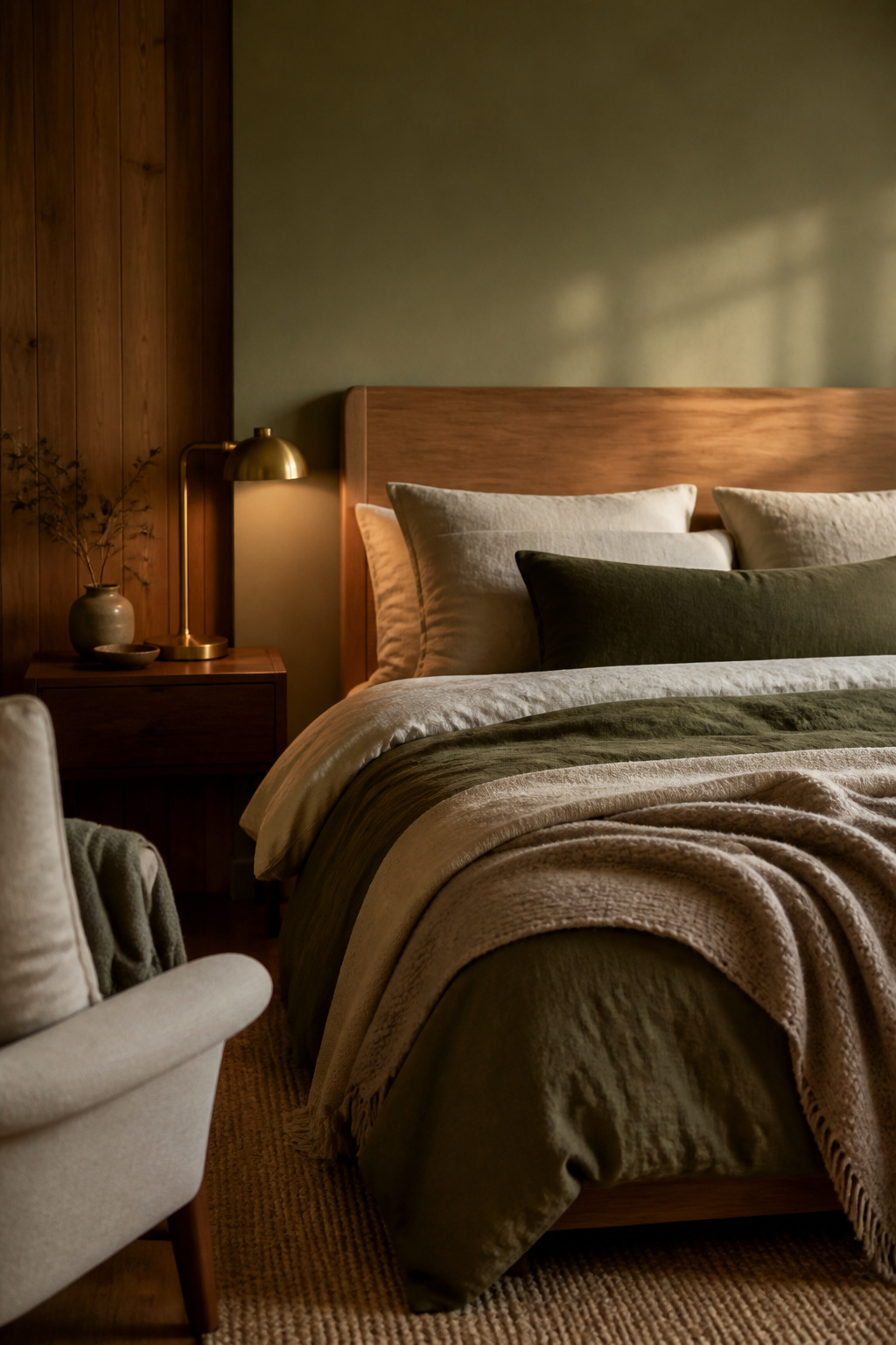 Fully styled cozy bedroom with layered bedding, brass lamp, sage wall and reading corner in golden light