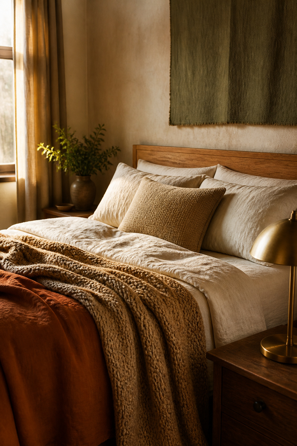Cozy bedroom with layered linen and wool bedding in warm whites and terracotta, honey oak nightstand and brass lamp in soft golden light