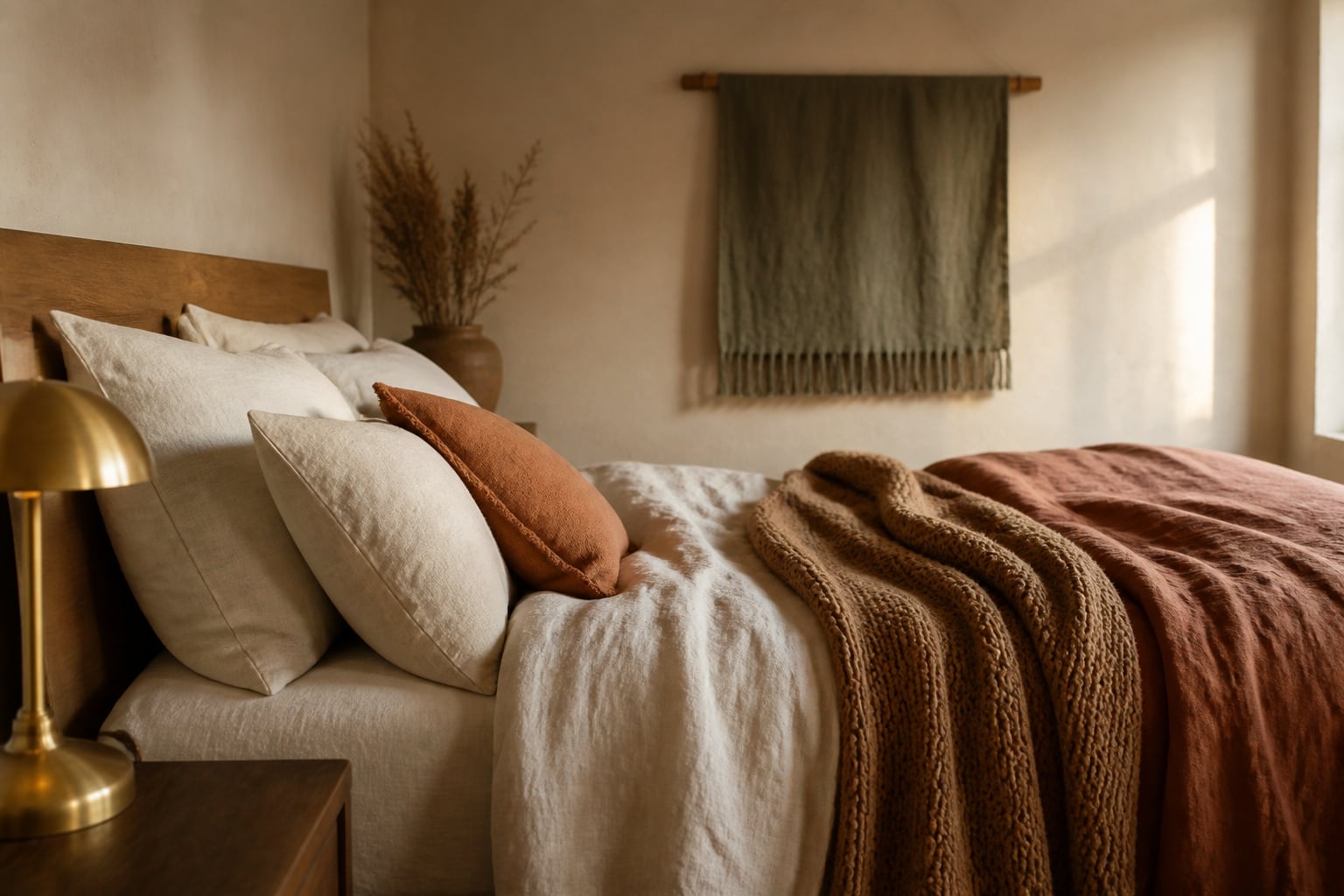 Cozy bedroom with layered linen and wool bedding in warm whites and terracotta, honey oak nightstand and brass lamp in soft golden light