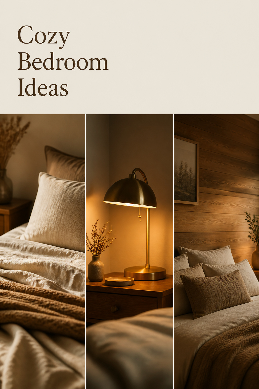 Pinterest pin collage of cozy bedroom ideas showing layered bedding, warm brass lighting and a wood accent wall with a cream text banner