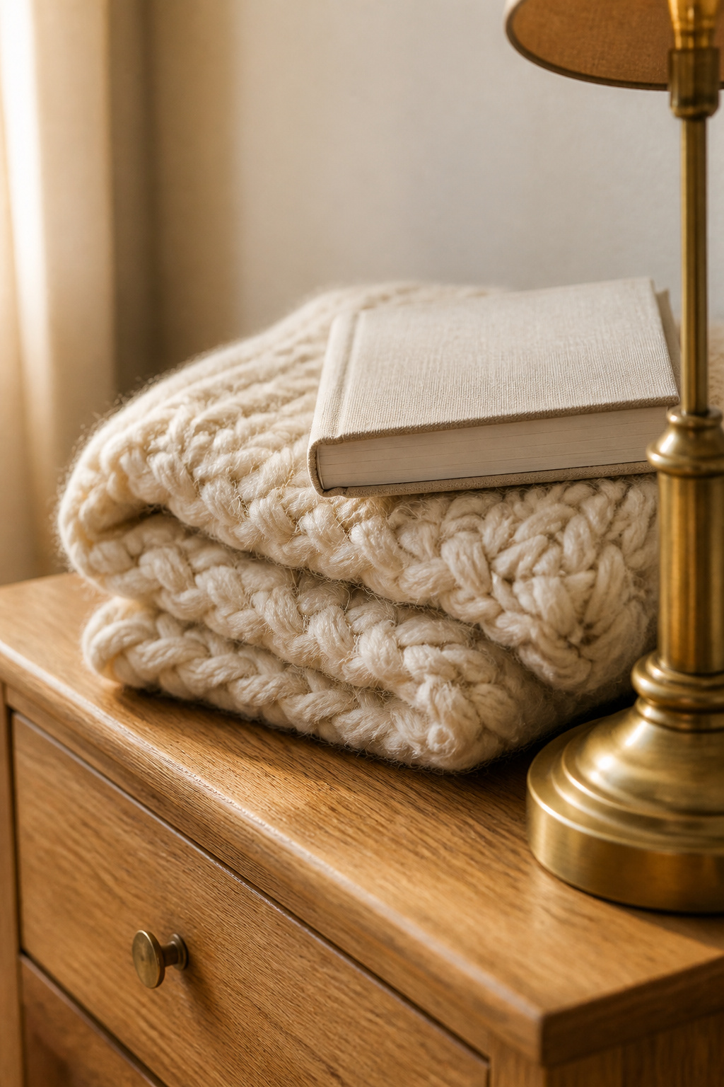 Honey oak nightstand styled with a chunky wool throw, linen-covered book and brass lamp against an oatmeal wall