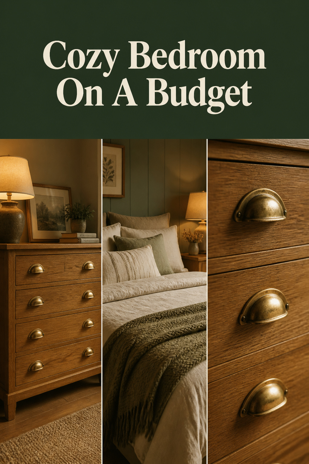 Pinterest pin collage showing a thrifted dresser, layered budget bedding, and brass hardware for a cozy bedroom on a budget