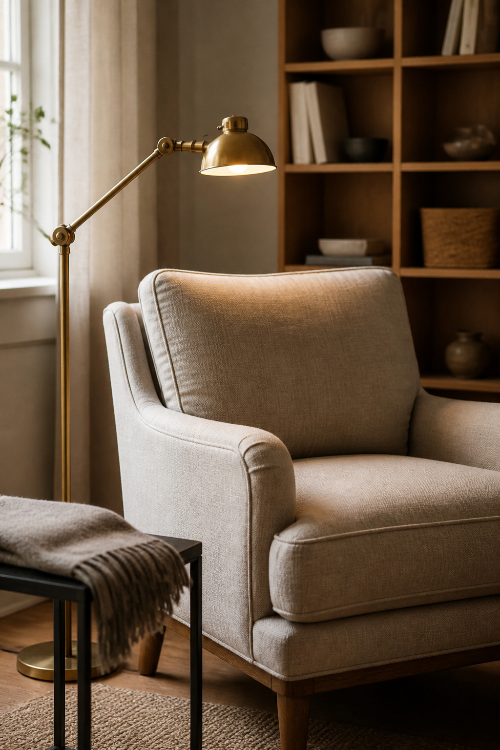 Linen armchair reading nook with a brass swing-arm floor lamp, iron side table and honey oak bookshelf