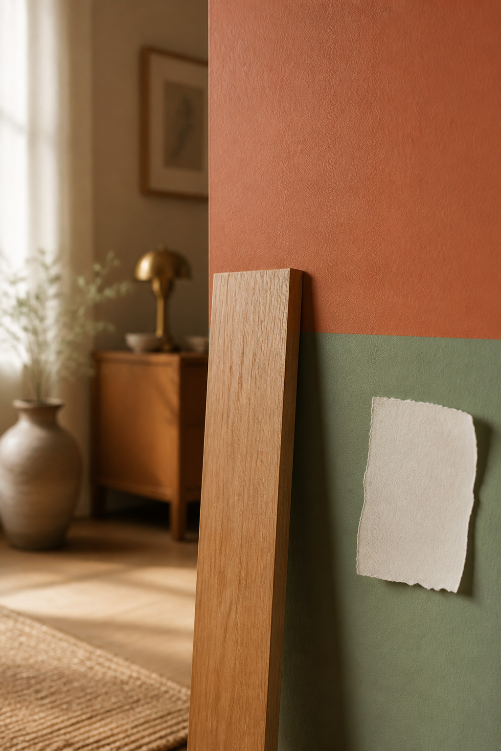 Terracotta and sage green paint swatches held against honey oak trim in natural daylight