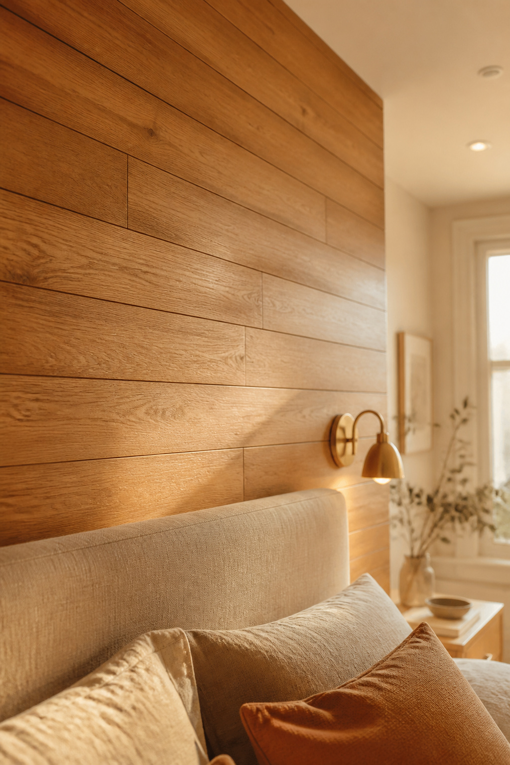 Horizontal honey oak plank accent wall installed behind a linen headboard with warm brass sconce lighting