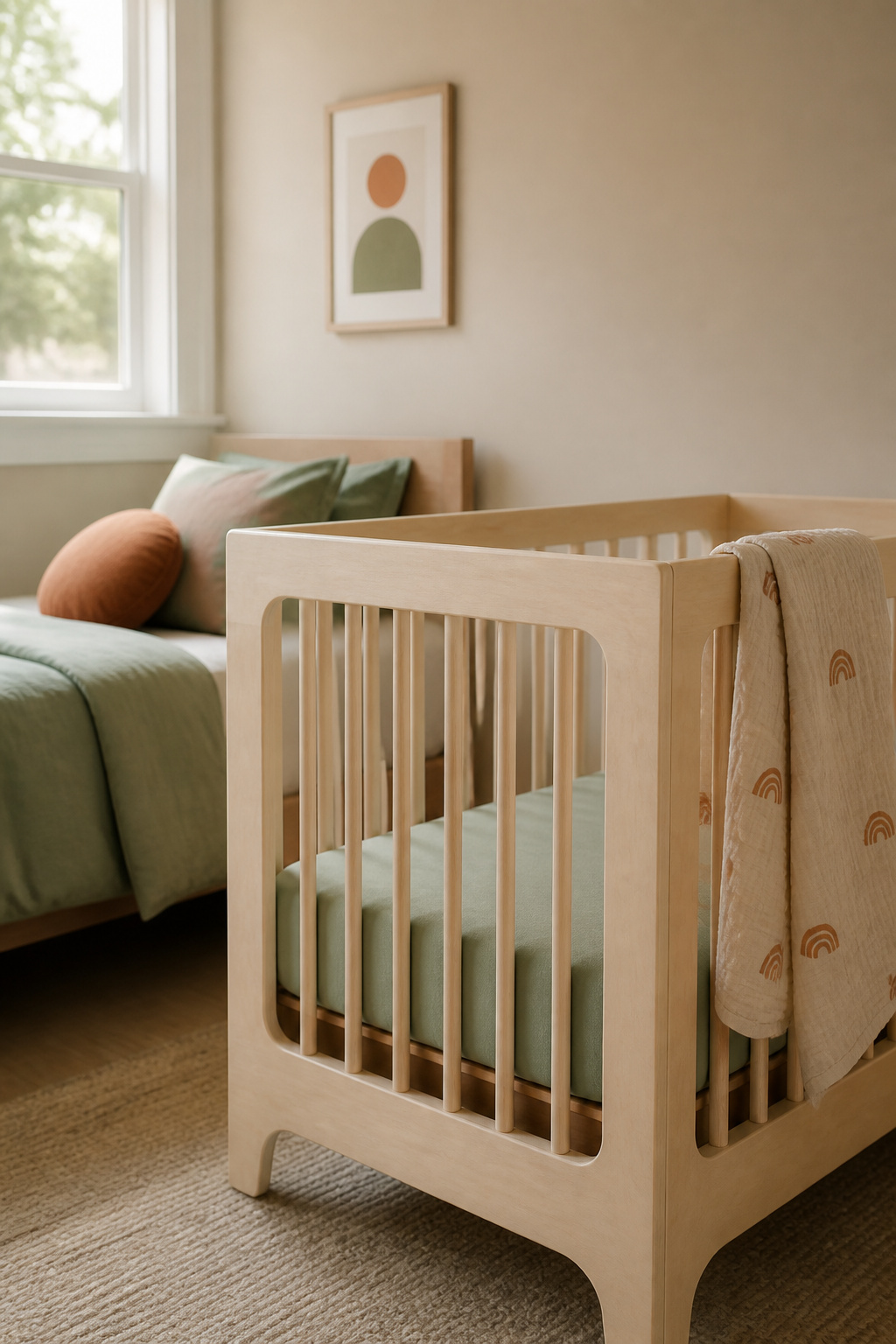 A birch crib beside an older sibling's twin bed against the same shared putty wall, with a sage-green accent echoed in both the crib and the bed