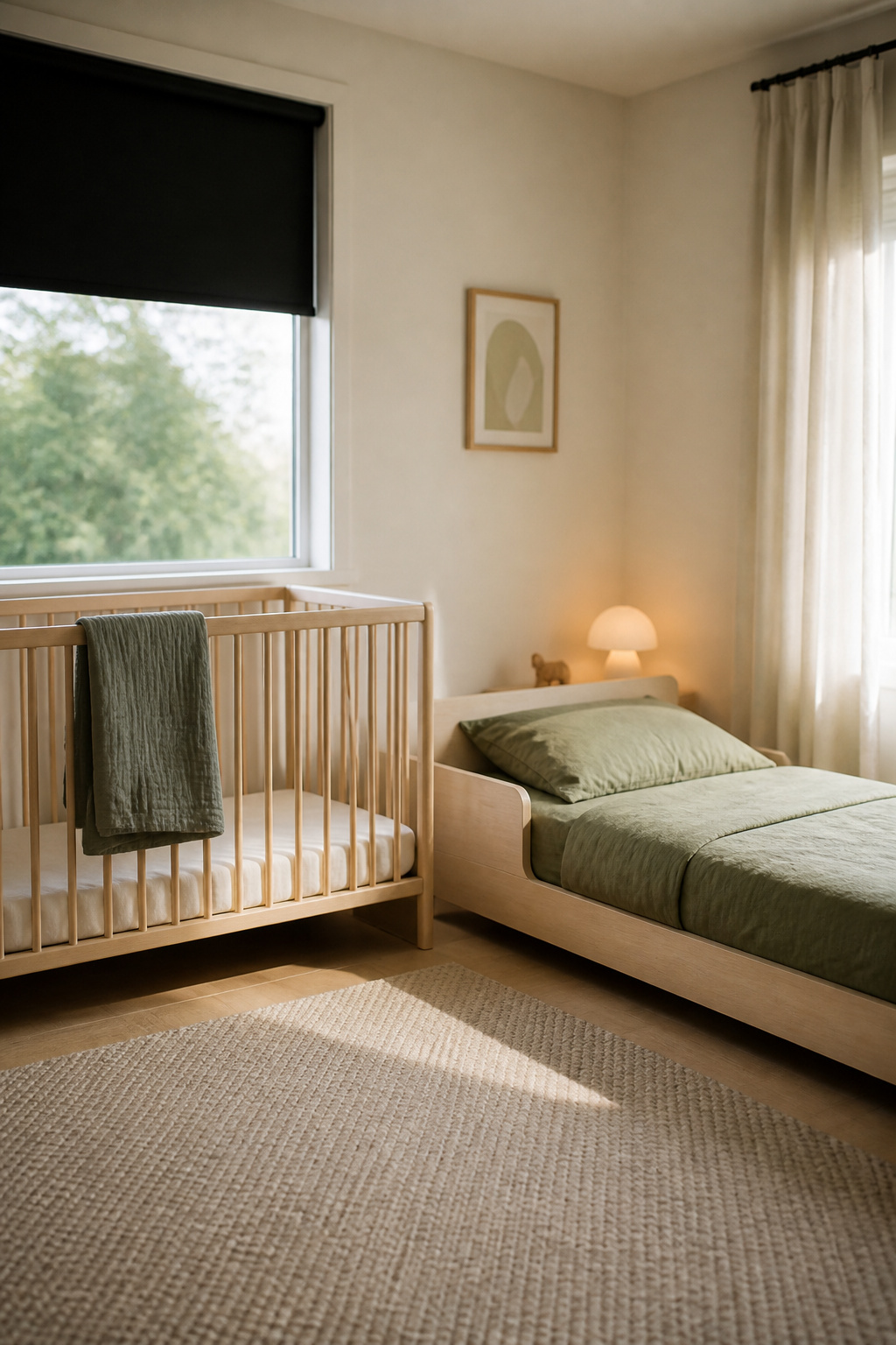 Birch crib on one side of a bright bedroom and a low toddler bed with sage-green bedding on the other, with a partially drawn blackout shade near the crib