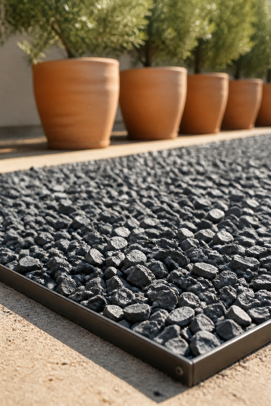 Close view of angular grey crushed stone with sharp interlocking edges along a steel-edged patio border