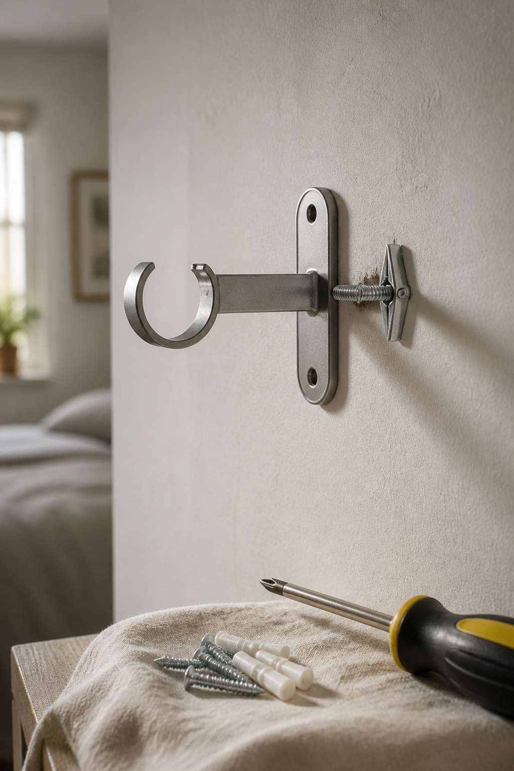 Curtain rod bracket secured to a bedroom wall with a toggle bolt anchor and screwdriver nearby