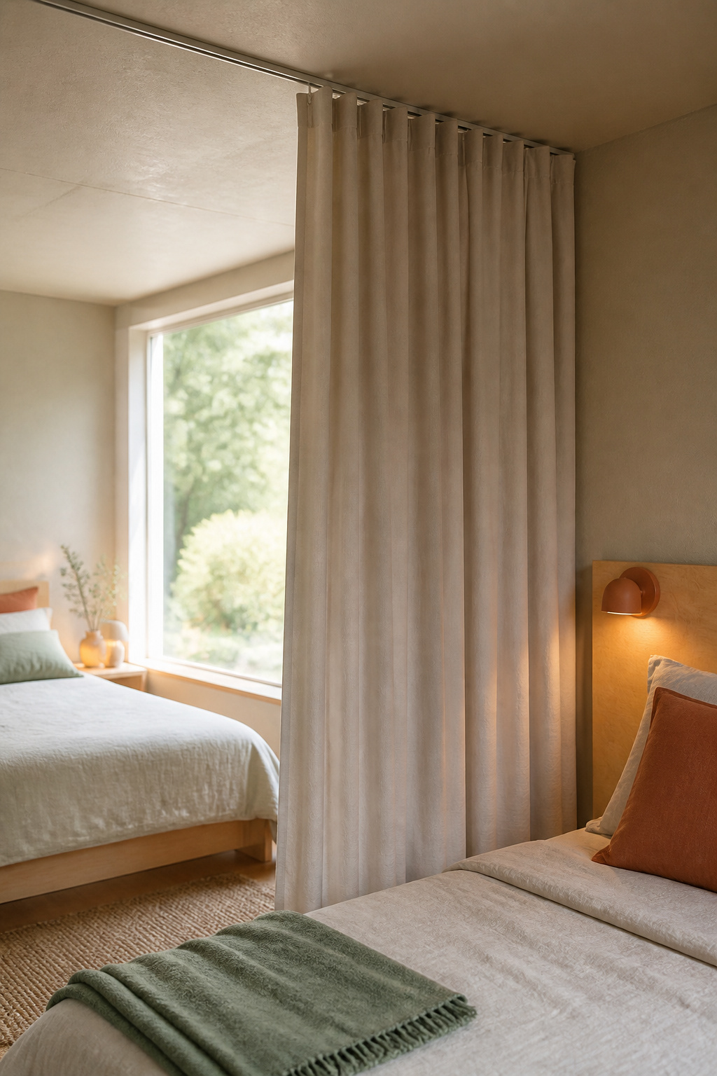 A ceiling curtain divider half-drawn between two beds, with the same putty wall colour continuing unbroken on both sides
