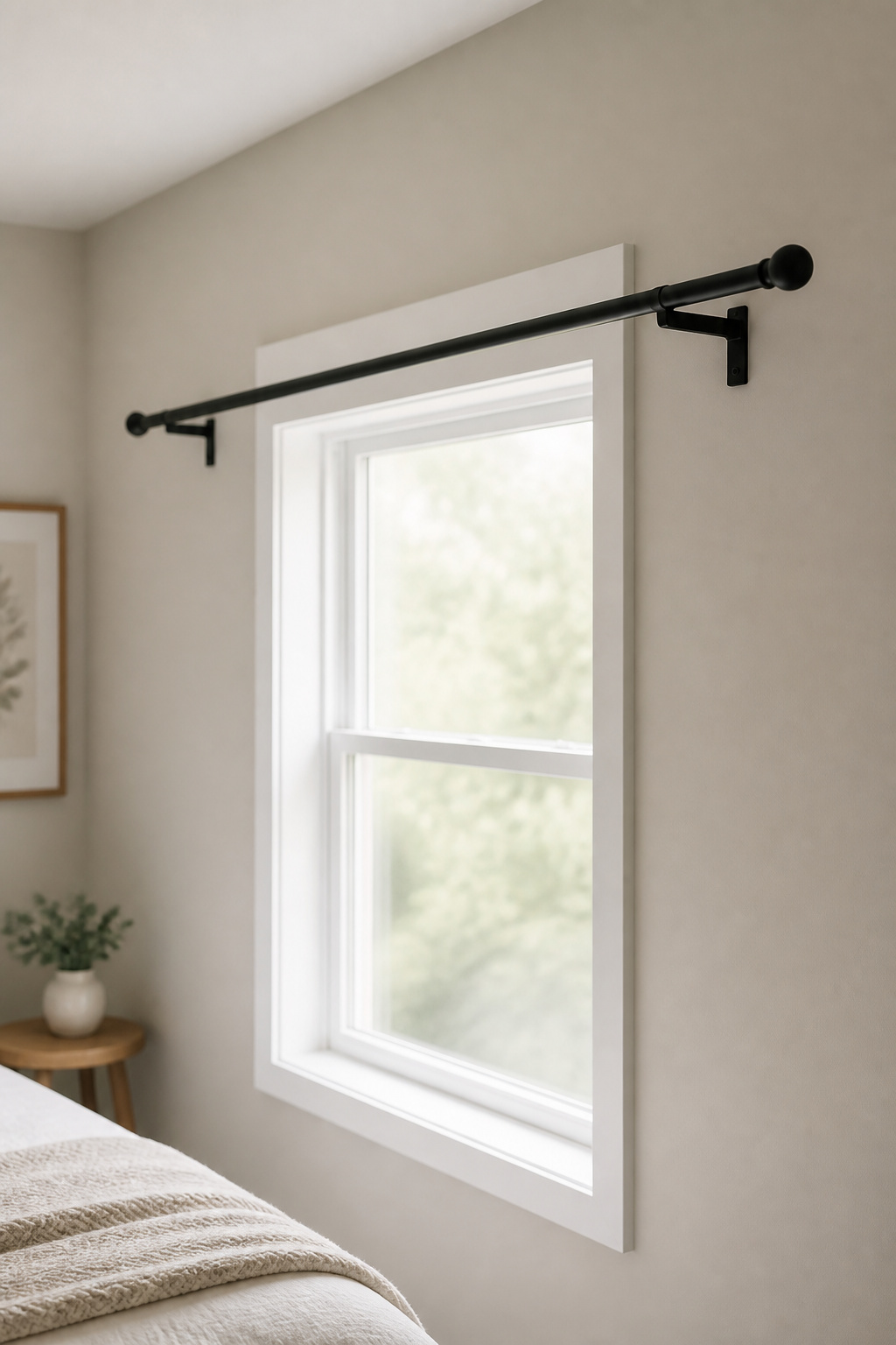 Curtain rod extending several inches past the bedroom window frame on both sides for full stack-back