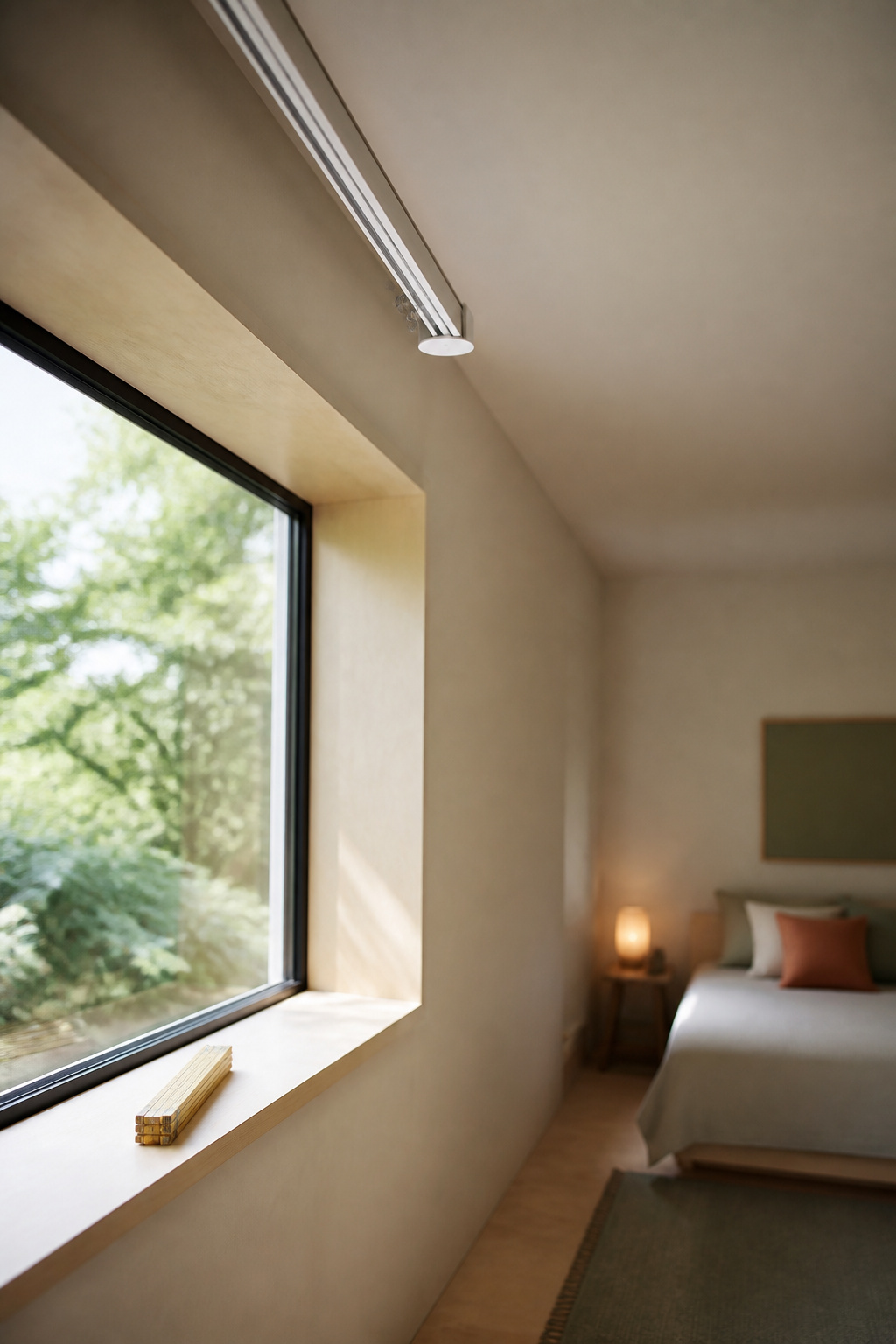 Ceiling curtain track stopping short of a bedroom window, leaving the egress window fully unobstructed