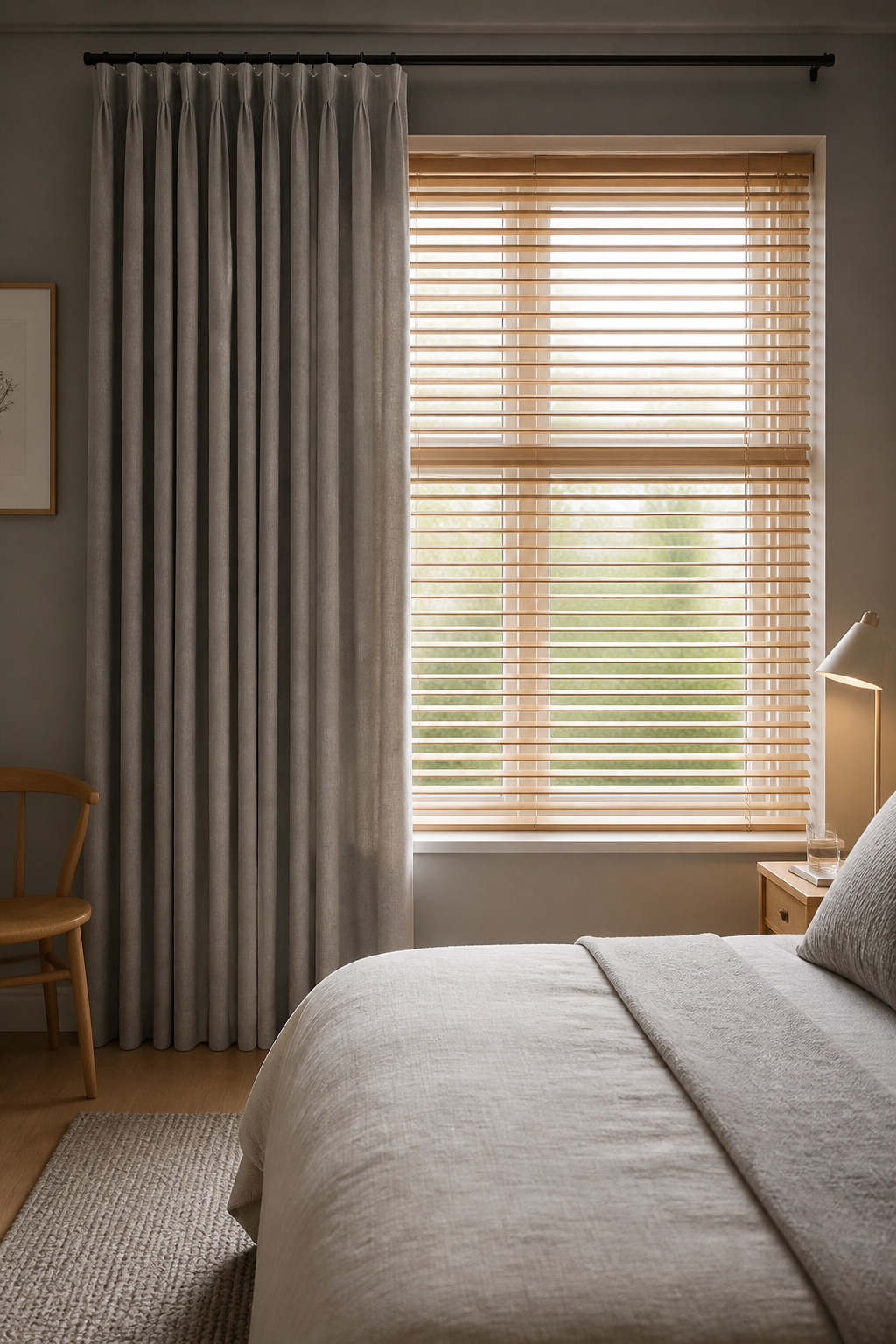 Bedroom window dressed with grey blackout curtains on one side and light-oak venetian blinds on the other, comparing curtains vs blinds for bedrooms