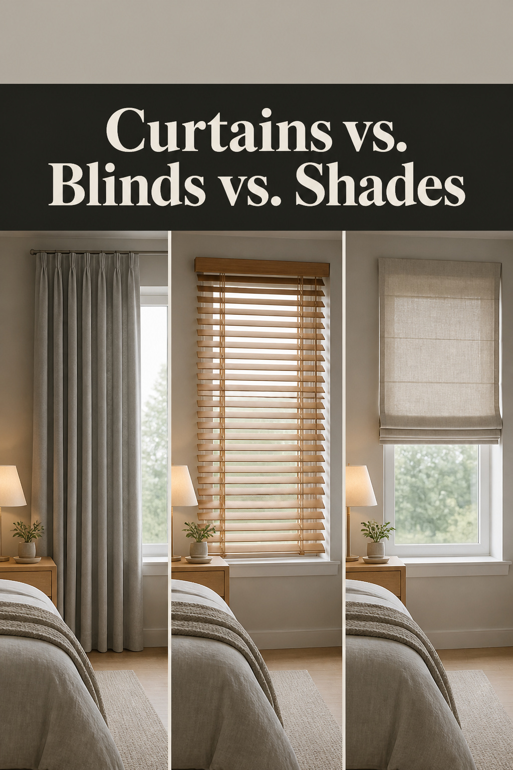 Pinterest pin comparing bedroom curtains, venetian blinds, and roman shades side by side with the headline Curtains vs Blinds vs Shades
