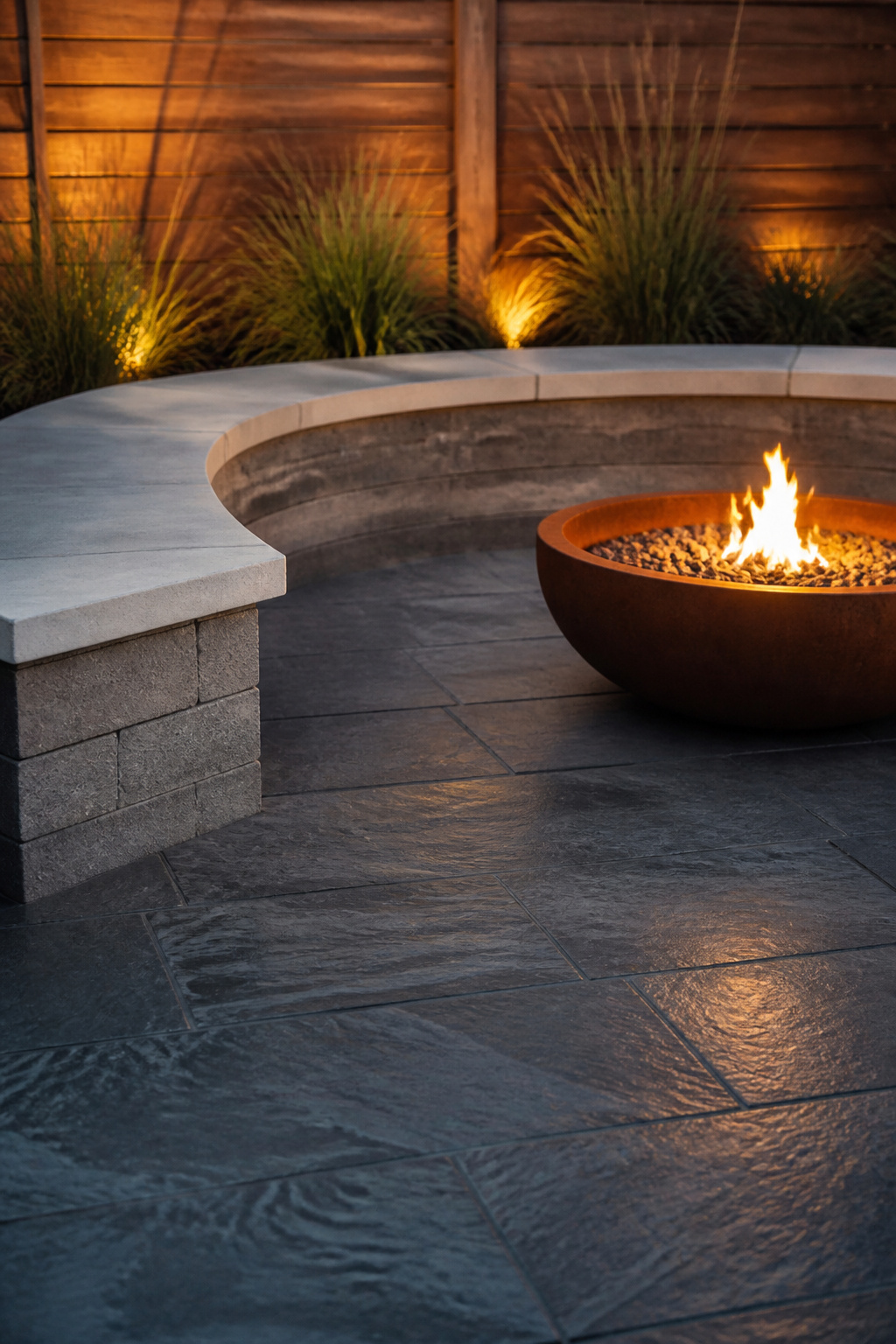 Curved concrete-capped CMU bench wrapping two sides of corner corten fire bowl at 20-inch clearance, slate patio, cedar fence blur