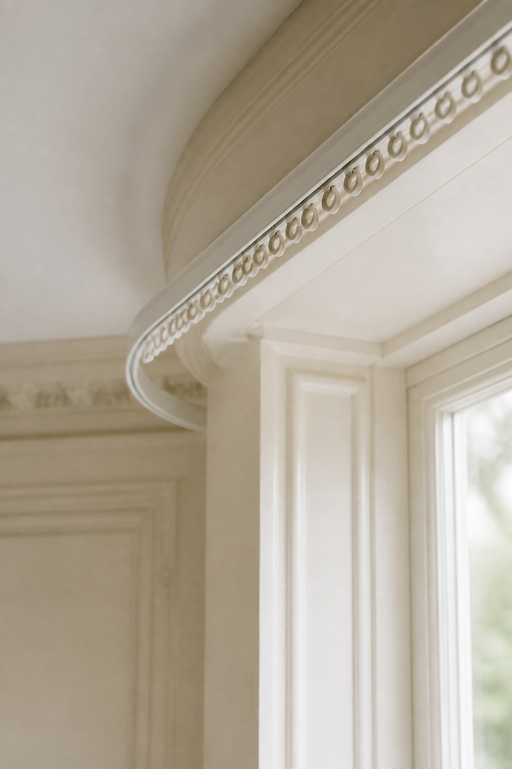 Curved ceiling curtain track bending precisely around a bay window's angled corner