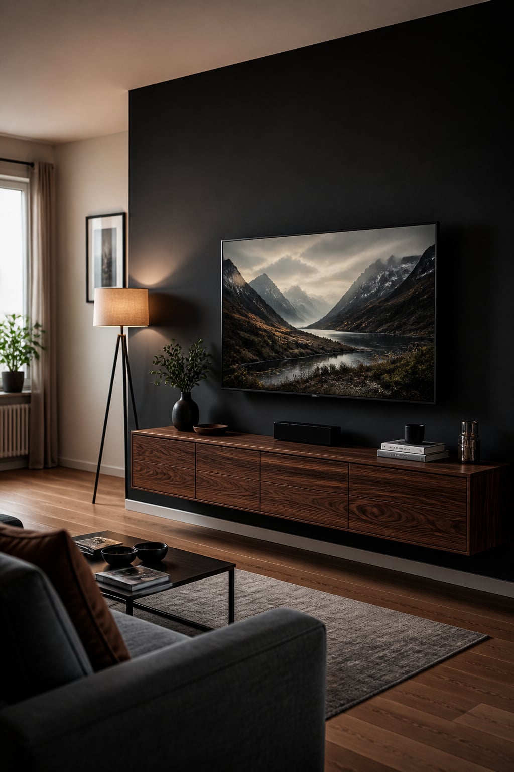 Dark charcoal TV accent wall with wall-mounted flat-screen television and low floating walnut console in a modern living room