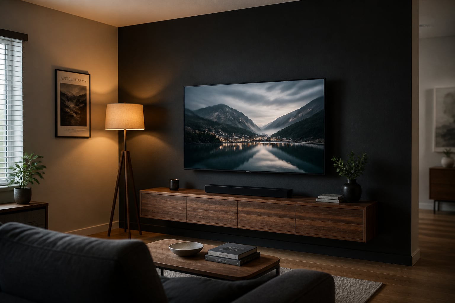 Dark charcoal TV accent wall with wall-mounted flat-screen television and low floating walnut console in a modern living room