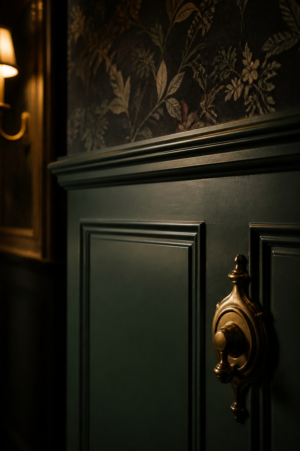 Deep forest-green raised-panel wainscoting with a shadow-line cap rail and botanical wallpaper above in a moody dining room