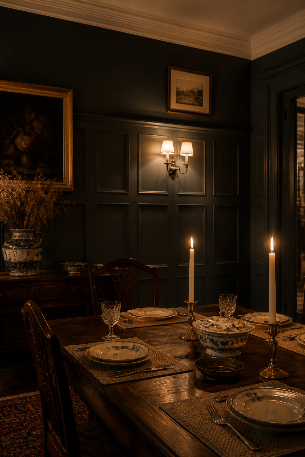 Dark dining room with charcoal raised-panel wainscoting and off-white crown moulding, lit by warm brass wall sconce at dinner