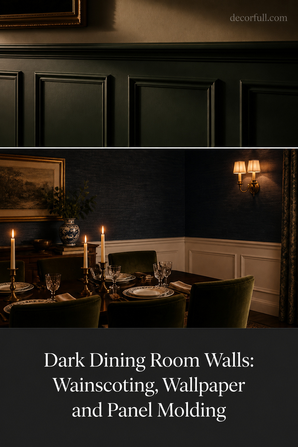 Pinterest collage of dark dining room wall ideas: green wainscoting close-up, navy wallpaper above dado rail, charcoal text overlay panel