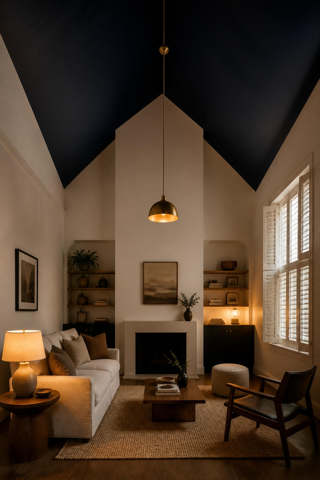 Vaulted ceiling painted dark navy creating intimate jewel-box atmosphere in living room with warm white walls and 2700K lamp lighting