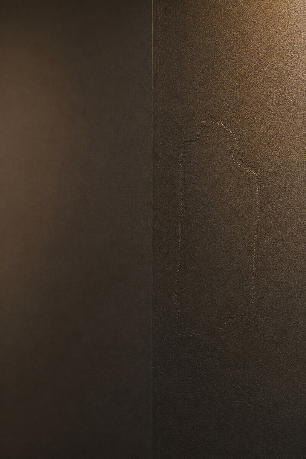 Split-panel close-up showing matte dark charcoal on skim-coated smooth plaster (left) versus same paint on unprepped patched wall (right), raking light revealing the patch