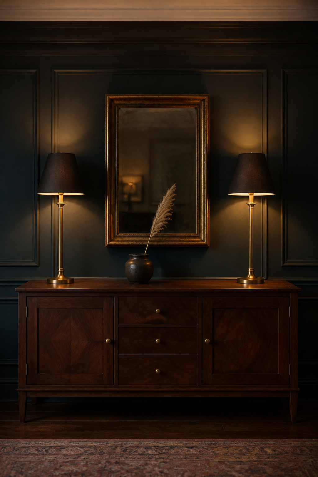 Dark walnut sideboard with two brass buffet lamps and gilt mirror against deep navy panelled wall
